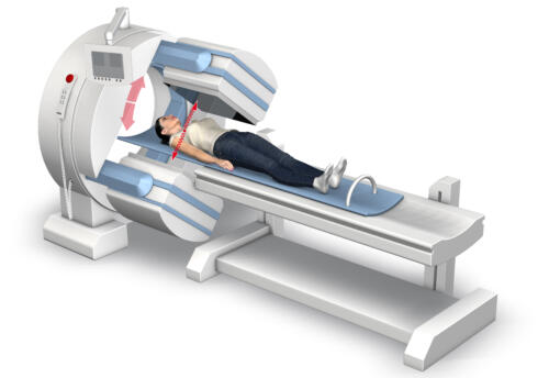 3D illustration showing a  patient on an examination couch and representing an impression of SPECT Scan