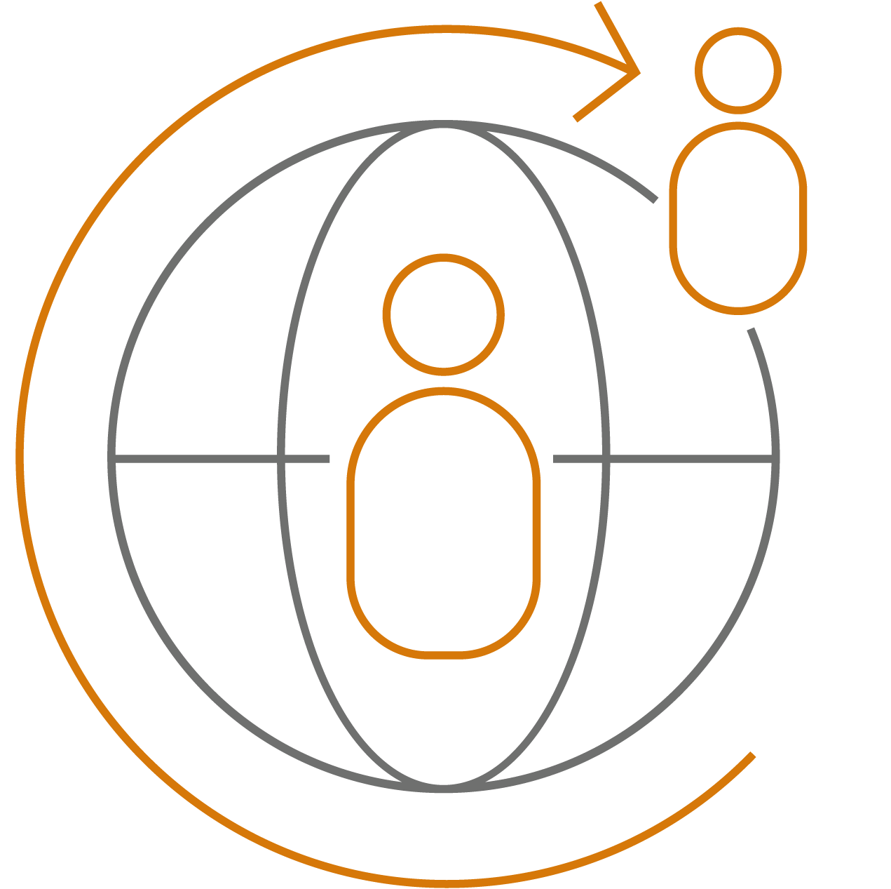 ROTOP Global Distribution icon showing a globe with an arrow around it and two people, representing worldwide reach and reliable logistics
