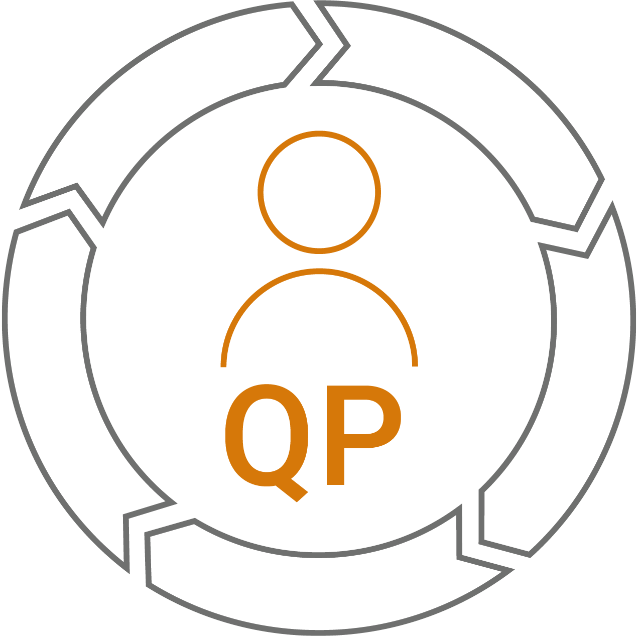 ROTOP Qualified Person Services icon showing a person in the center of interlocking arrows with "QP" below, representing regulatory oversight and accountability.