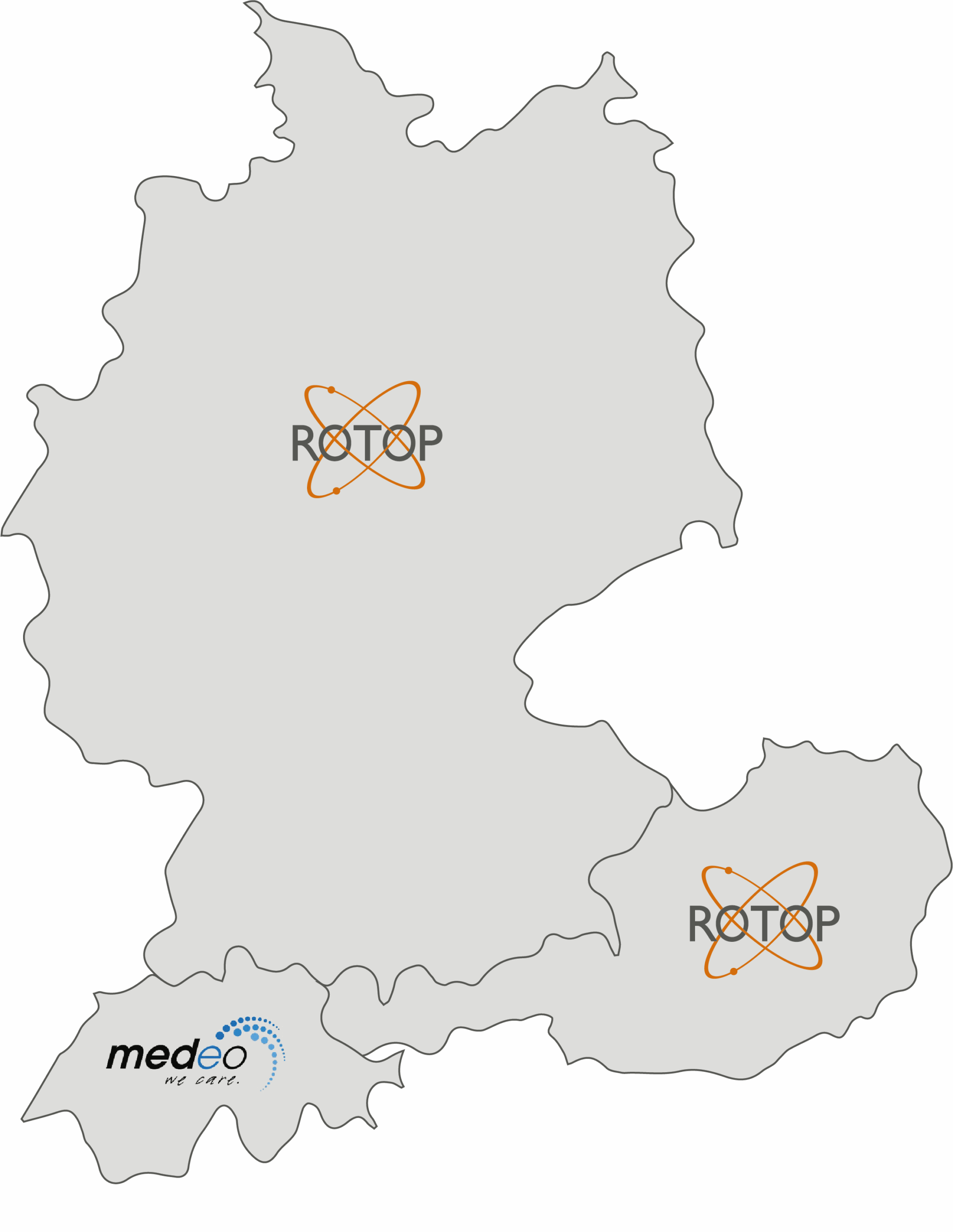 Vereinfachte Karte von Deutschland, Österreich und der Schweiz in Hellgrau, mit dem ROTOP-Logo in den Umrissen von Deutschland und Österreich sowie dem Medeo-Logo im Umriss der Schweiz, zur grafischen Darstellung der Zuständigkeit im Vertrieb radiopharmazeutischer Arzneimittel.