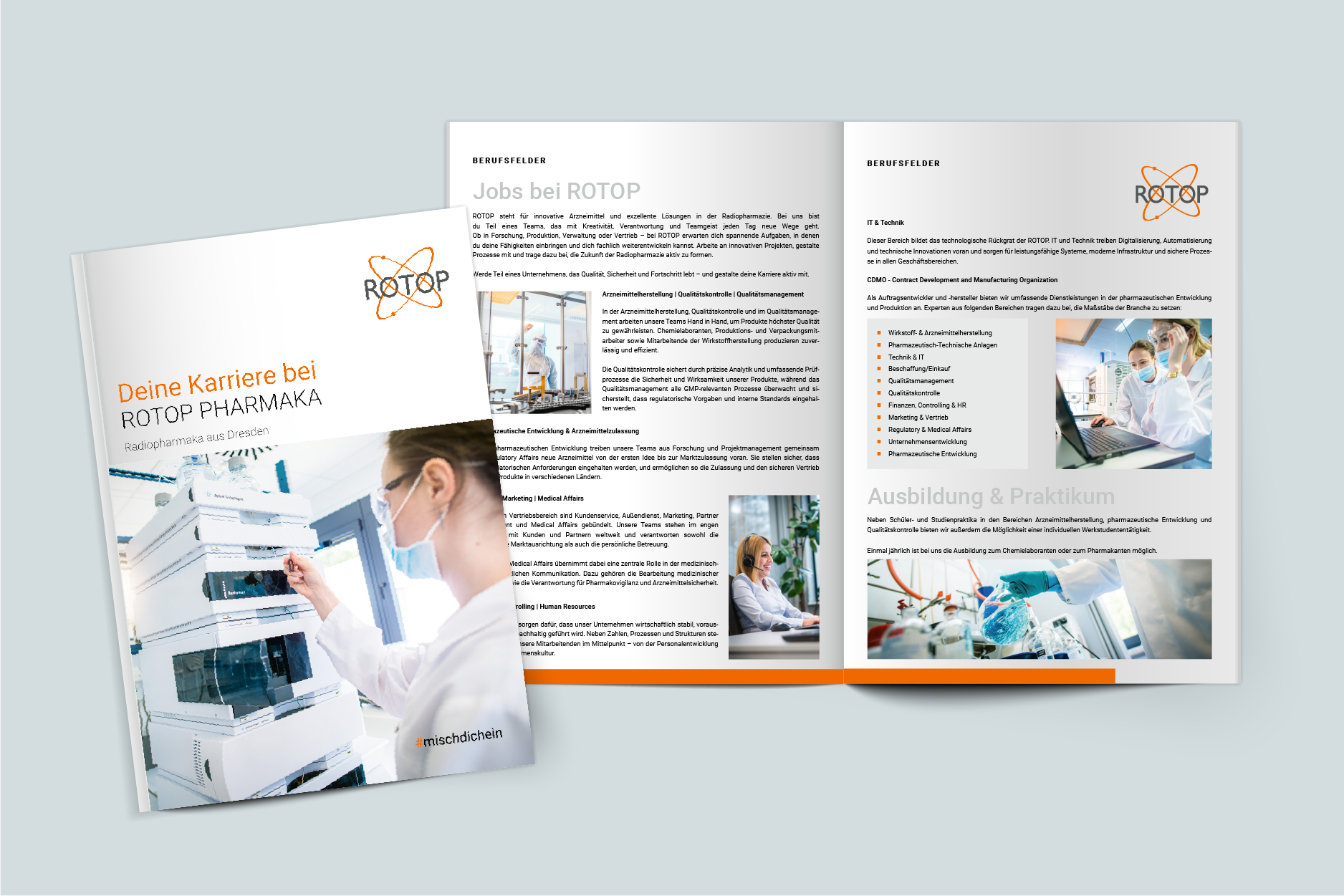 ROTOP Arbeitgeberbroschüre – Karriere in der Radiopharmazie Mockup der ROTOP Arbeitgeberbroschüre mit Informationen zu Karriere, Ausbildung und Arbeiten bei ROTOP