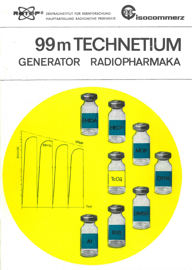Werbematerial für Verschiedene Fläschchen von 99mTechnetium Radiopharmaka wie EHIDA, HEDP, MDP, TcO4, DTPA, DMSA, A1 und B20 mit Aktivitätsdiagramm